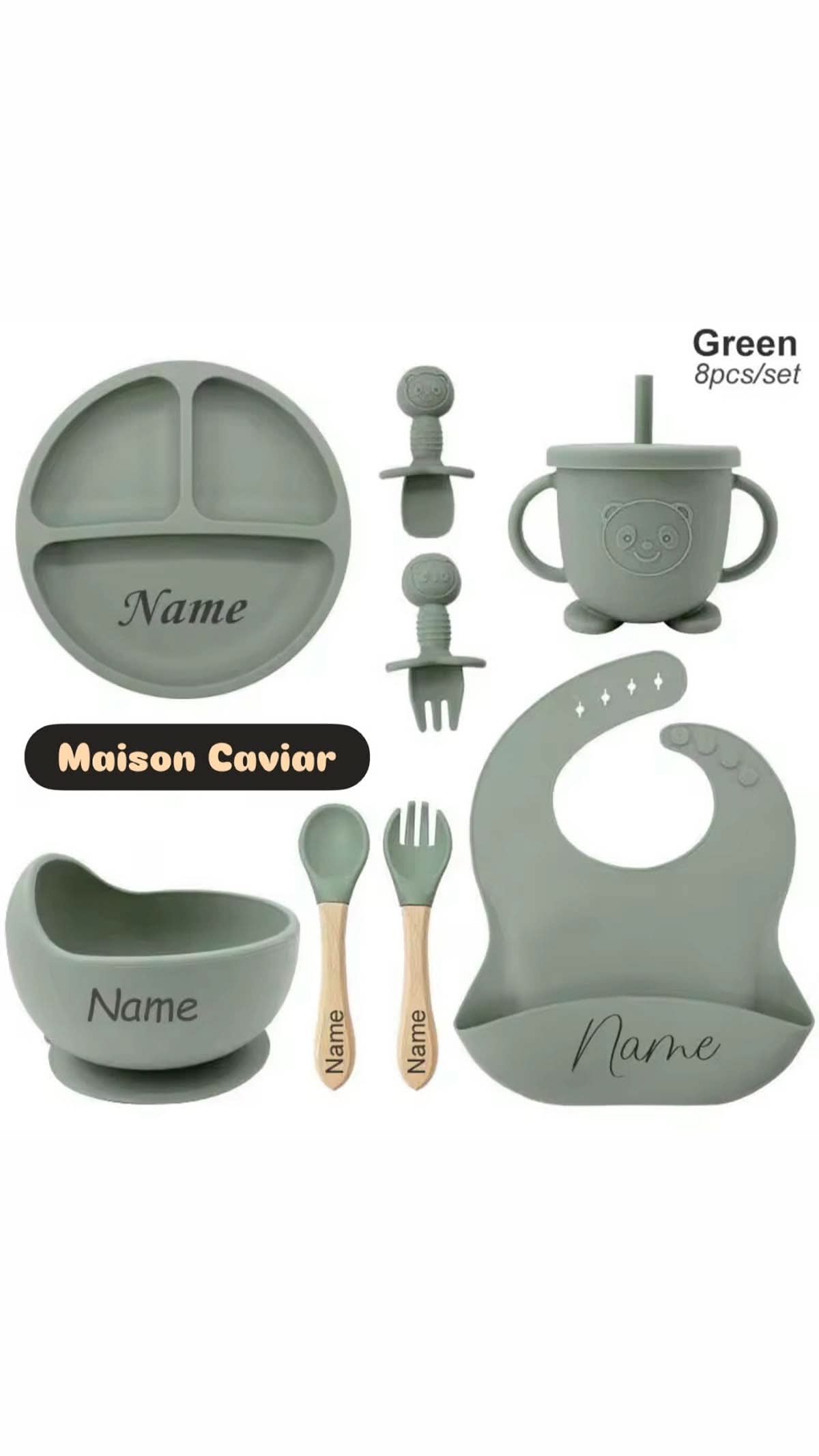 Conjunto de accesorios para bebé Ethan de Maison Caviar, incluye utensilios y platos de comida para bebés.