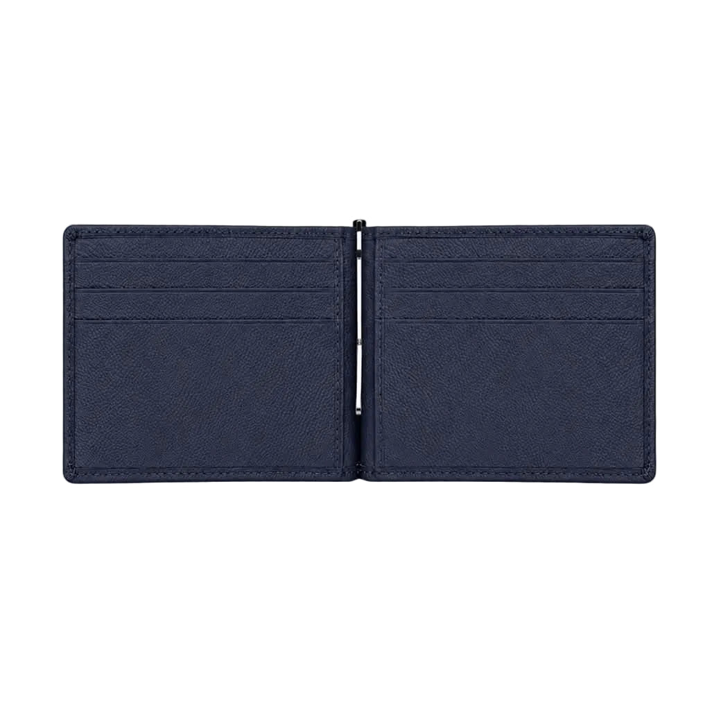 Billetera azul navy de Maison Caviar, elegante y de cuero, con compartimentos para tarjetas y dinero.