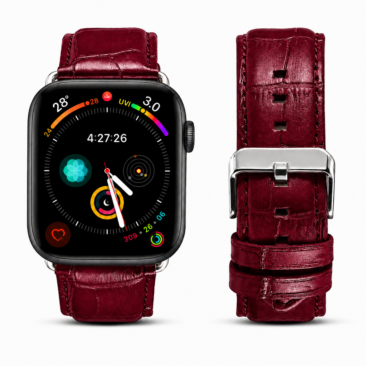 Correa para Apple Watch en color burdeos de la marca Maison Caviar, mostrando el diseño y la textura de la correa.