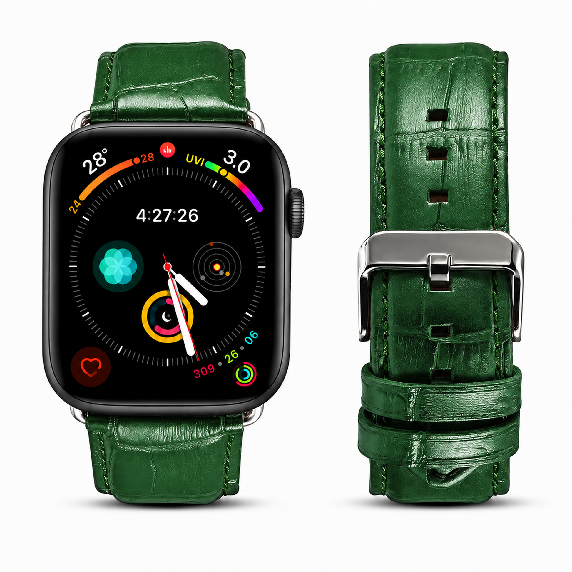 Correa para Apple Watch en color burdeos de Maison Caviar, mostrando el diseño elegante y ajustable.