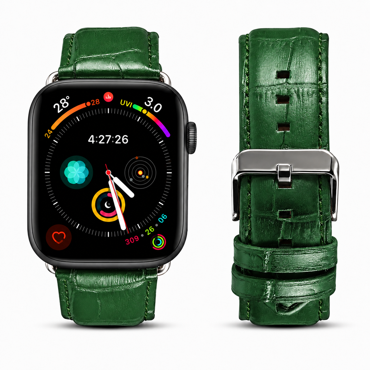 Correa para Apple Watch en color burdeos de Maison Caviar, mostrando el diseño elegante y ajustable.