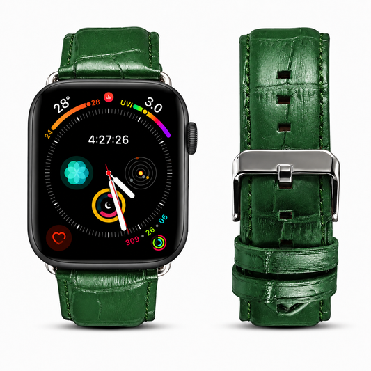 Correa para Apple Watch en color burdeos de Maison Caviar, mostrando el diseño elegante y ajustable.
