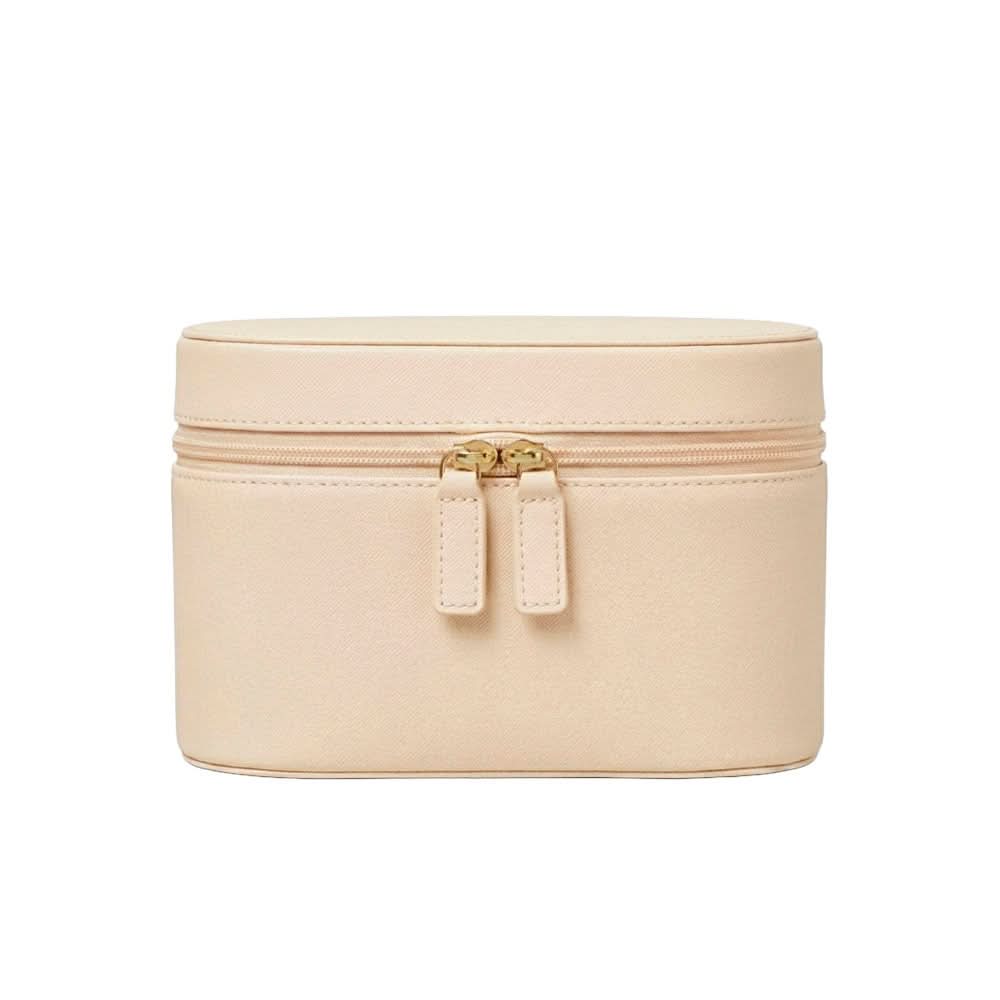 Bolsa de vanity Louis de Maison Caviar, elegante y compacta, con compartimentos internos visibles y acabado en cuero de alta calidad.